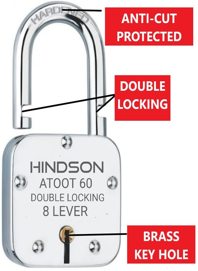 HINDSON Locks with Same Key, Common Key Lock, 2 Lock with Single Key, Steel Double Locking, 8 Lever Padlock for Door, Gate, Shutter, Home Silver Finish, (ATOOT 60 Same Key) - Image 2
